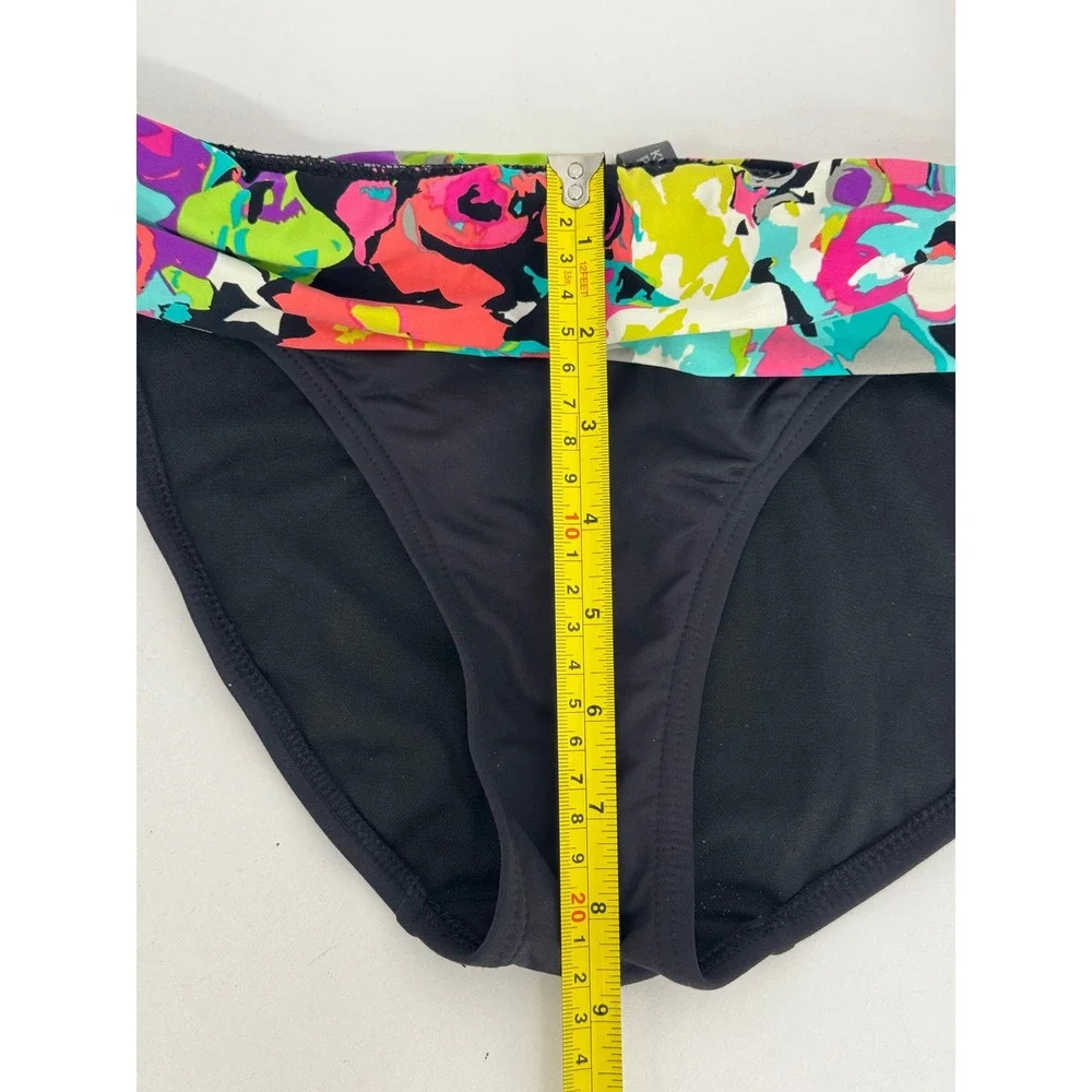 Kenneth Cole Reaction Women Black Multi Floral Neon Fold Over Bikini Bottom Sz S